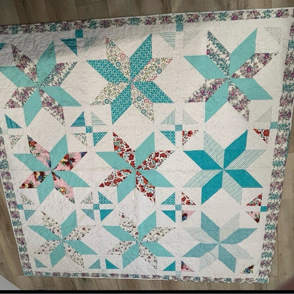 Turquoise and White Star Patchwork Quilt - Handmade
